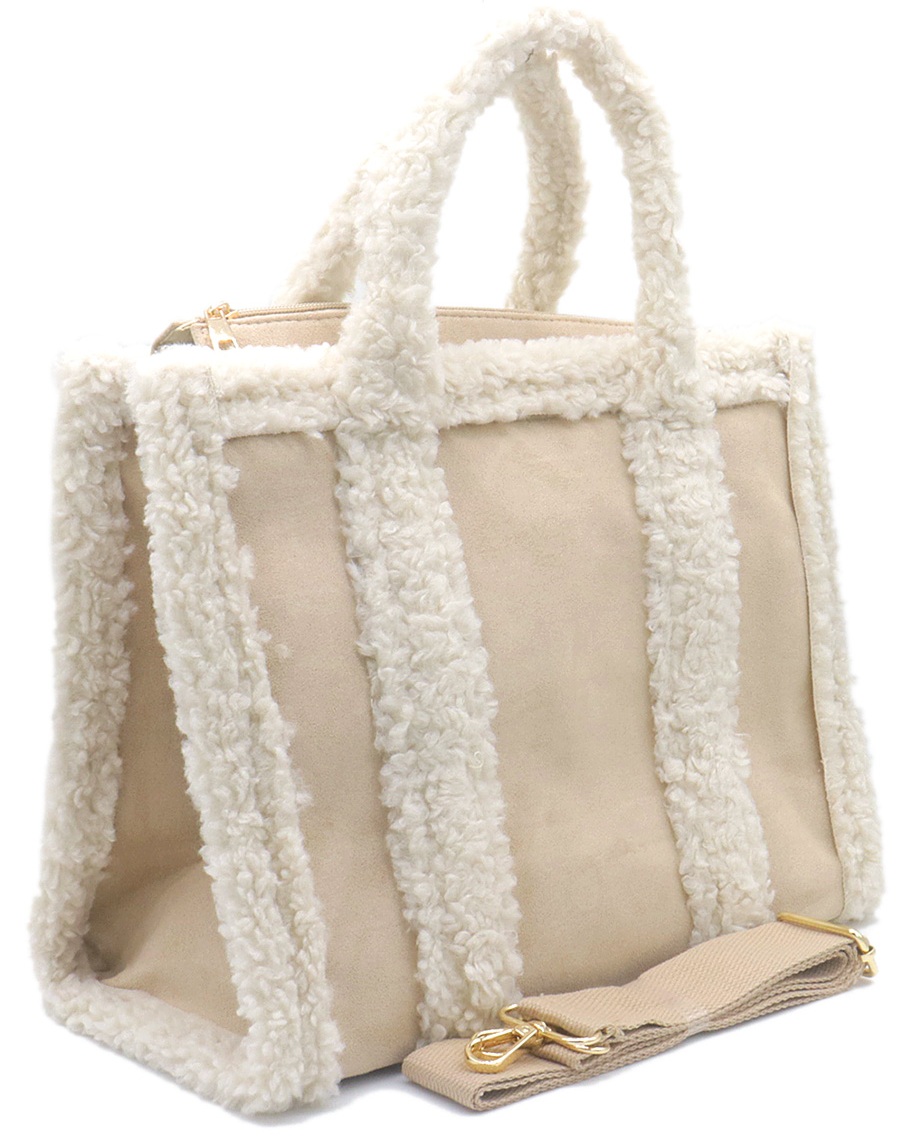 Y-B5.4 BAG1021-001-2 PU Faux Fur Shopper Bag 33x24.5x16cm Beige