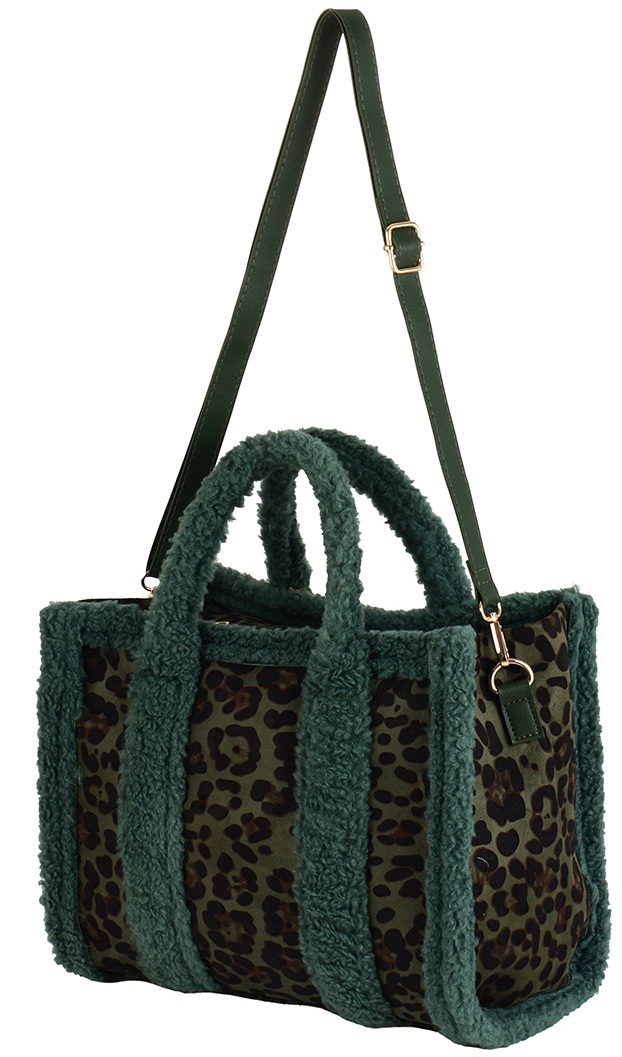 T-D8.1  BAG1021-014-3 Shopper Bag Teddy Leopard 33x26x13cm Green
