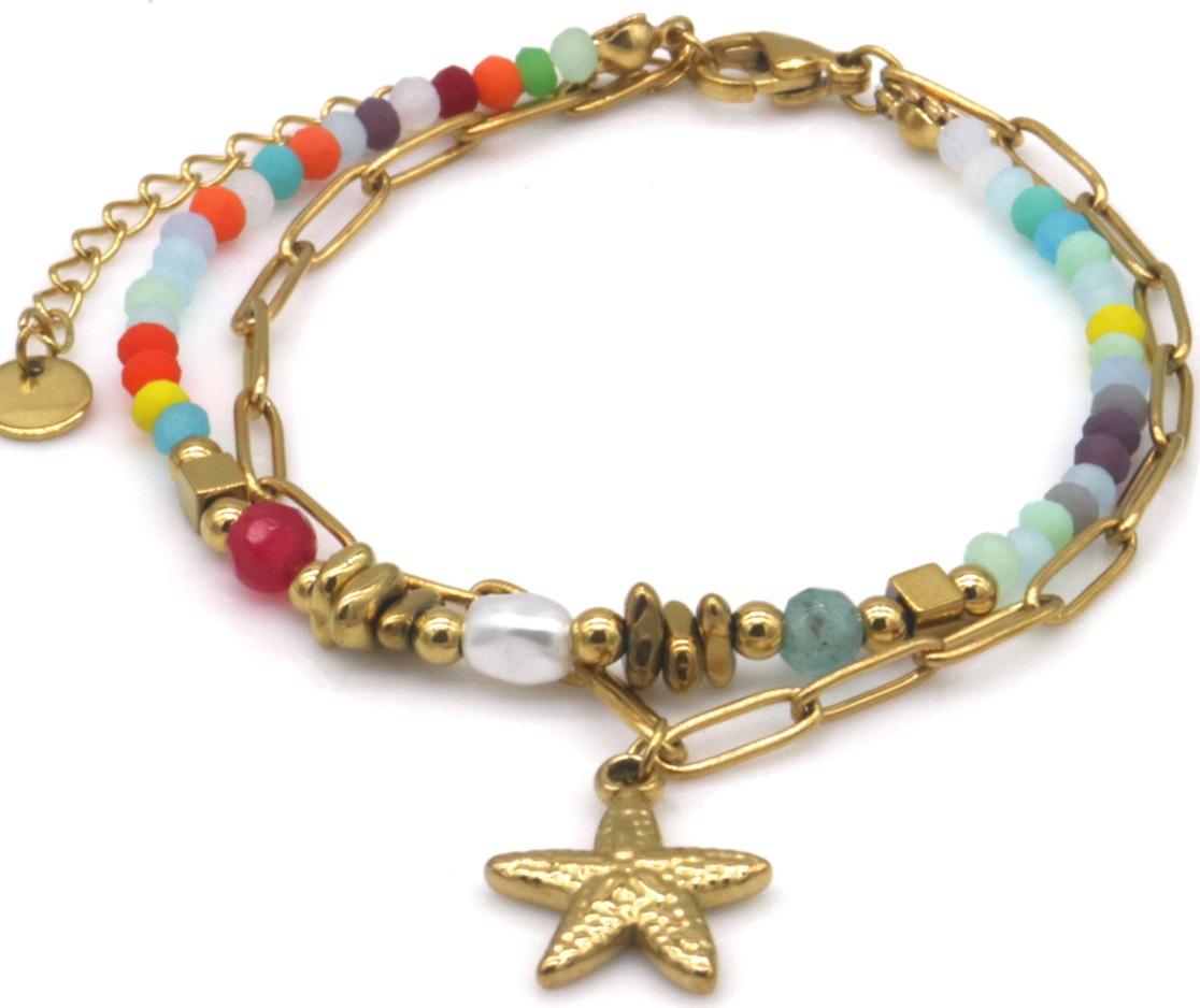 D-A19.3 B2539-033-5 S. Steel Bracelet Glassbeads Starfish Multi