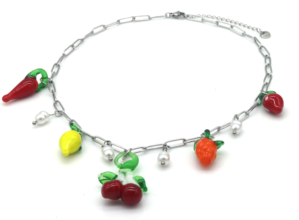 D-B17.5 N1036-013S S. Steel Necklace Glass Fruit Charms