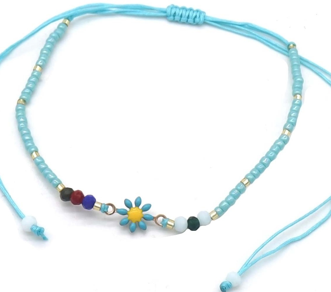 F-D19.3 ANK830-008-7 Anklet Glassbeads Flower Blue