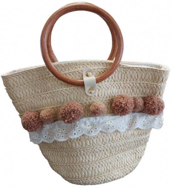 K-F3.2  BAG001A-006 Bag Woven with Pompons 28x20x10cm Beige