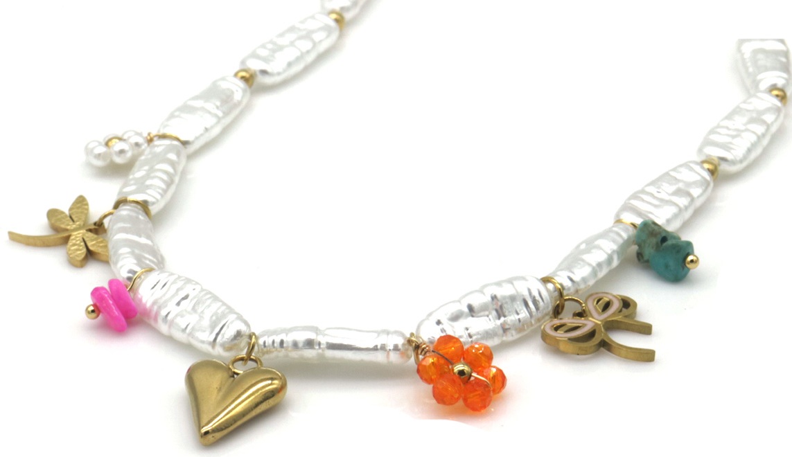 C-B22.2 N1036-008 S. Steel Necklace Pearls Charms 40-45cm