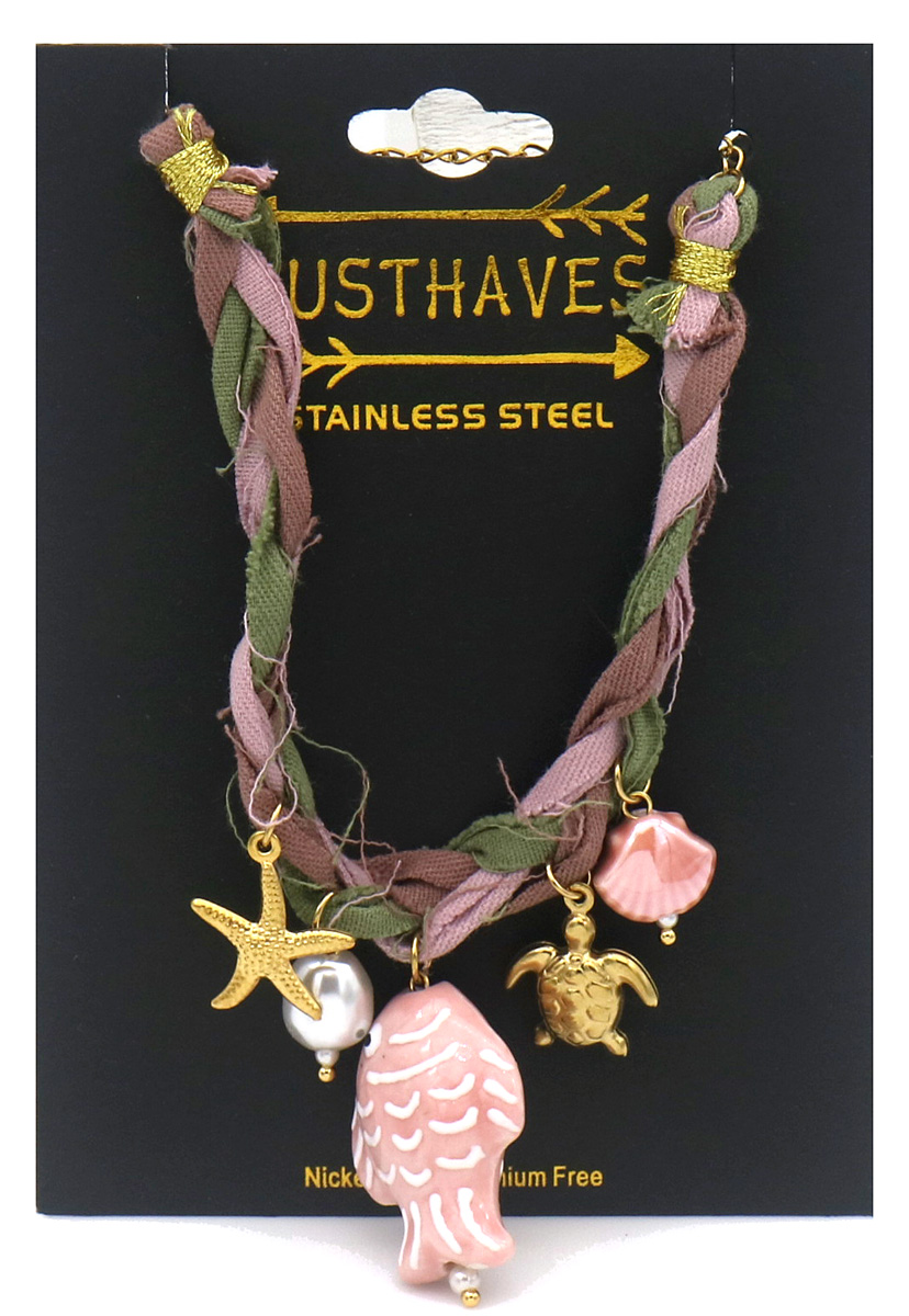 I-F20.1 B221-504-5 Rope Bracelet S. Steel Charms 16-21cm Pink-Green