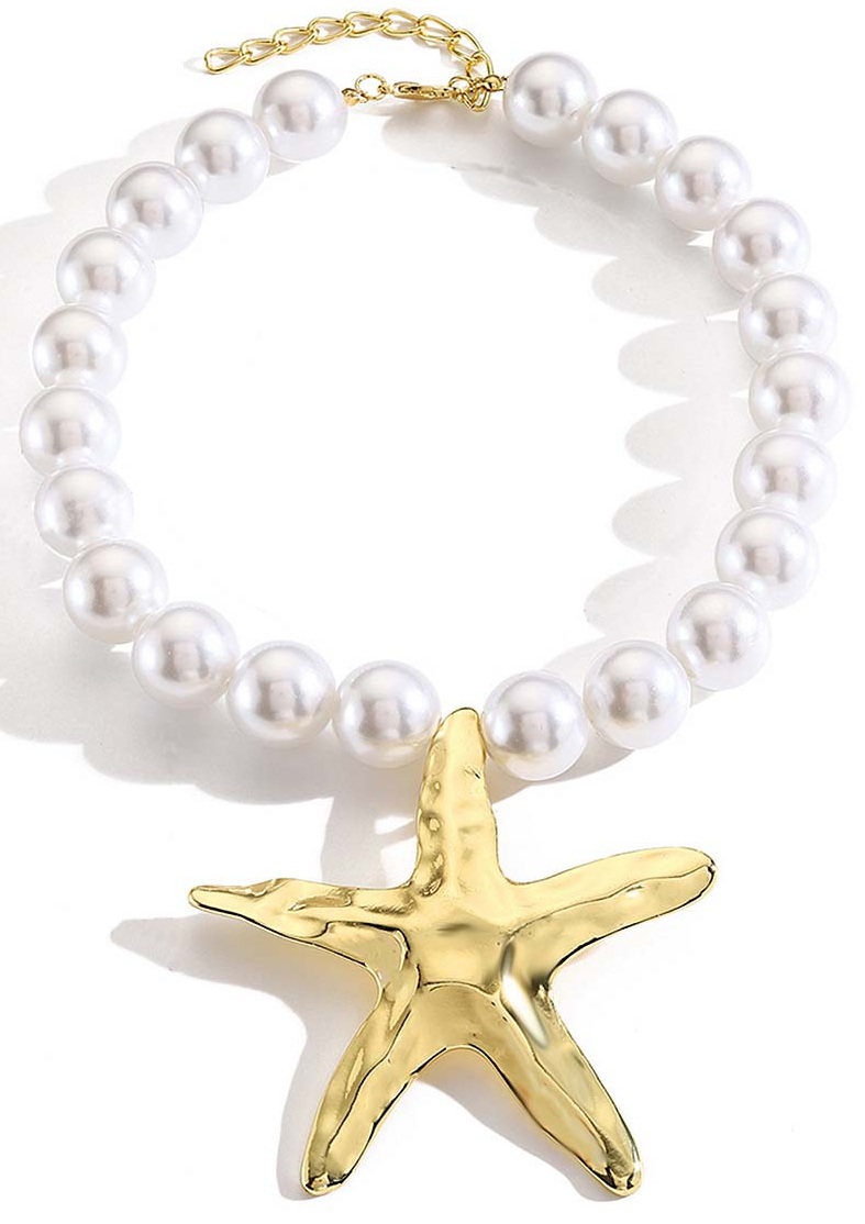 S-F7.1 N2540-014 Statement Necklace 18mm Pearls 8cm Starfish 