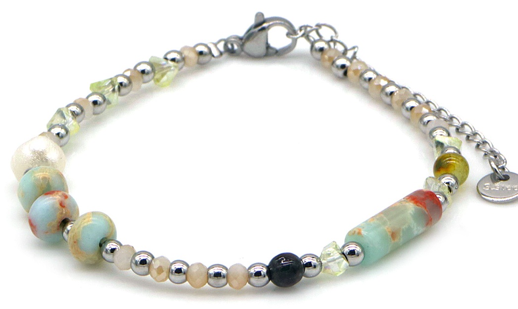 E-D19.1 B2583-026S S. Steel Bracelet Glassbeads - Stone 16-21cm