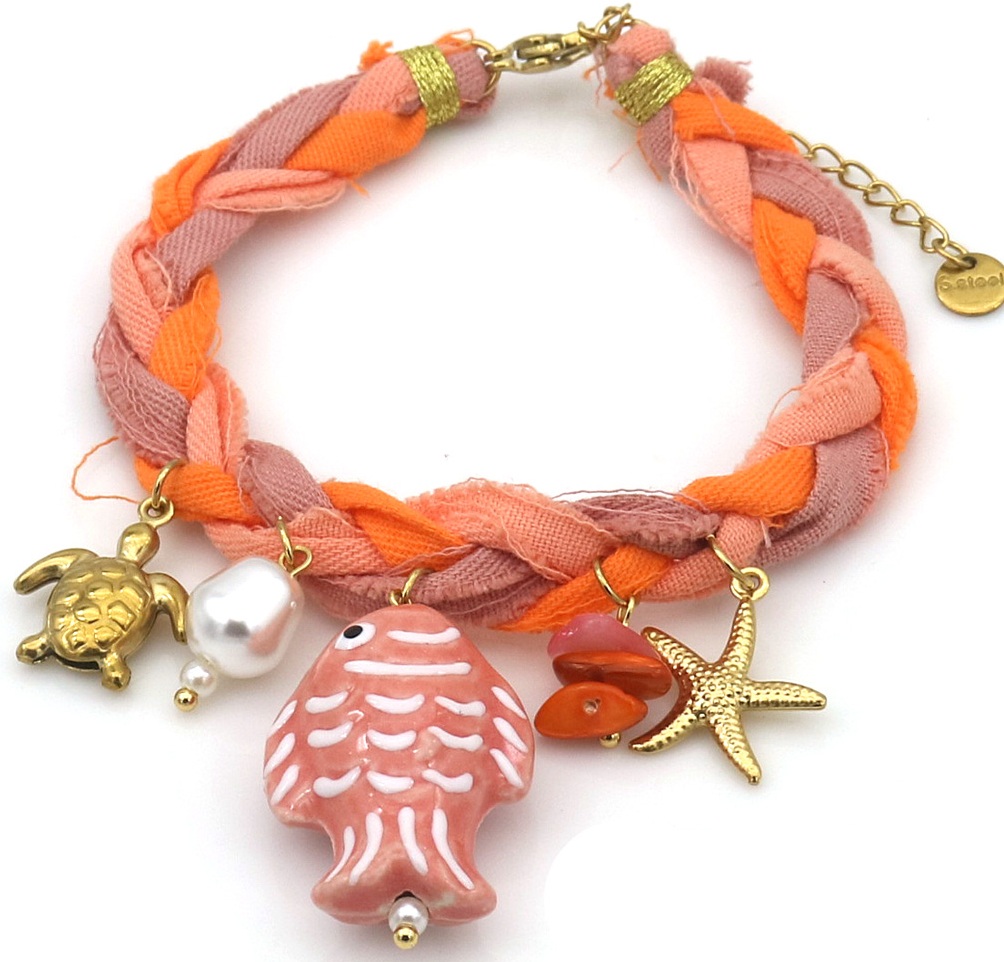 I-E7.3 B221-504-4 Rope Bracelet S. Steel Charms 16-21cm Orange