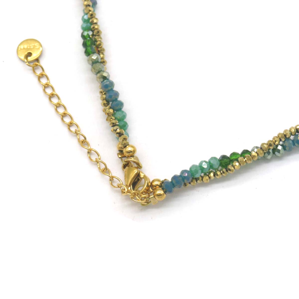 I-E8.3 N221-322 No.4 S. Steel Necklace Glassbeads  39-45cm Green