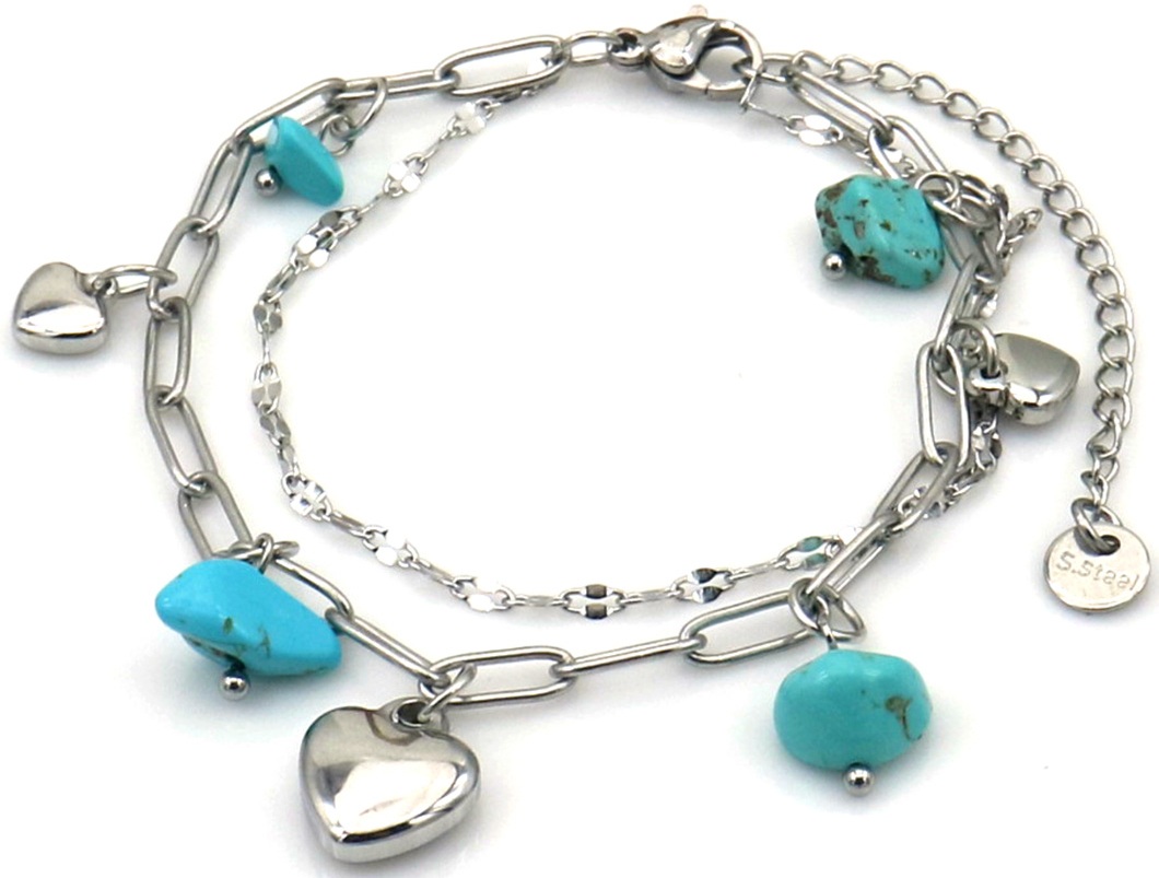 A-C23.2 B2583-032S-2 S. Steel Bracelet Hearts - Stones 16-21cm Blue