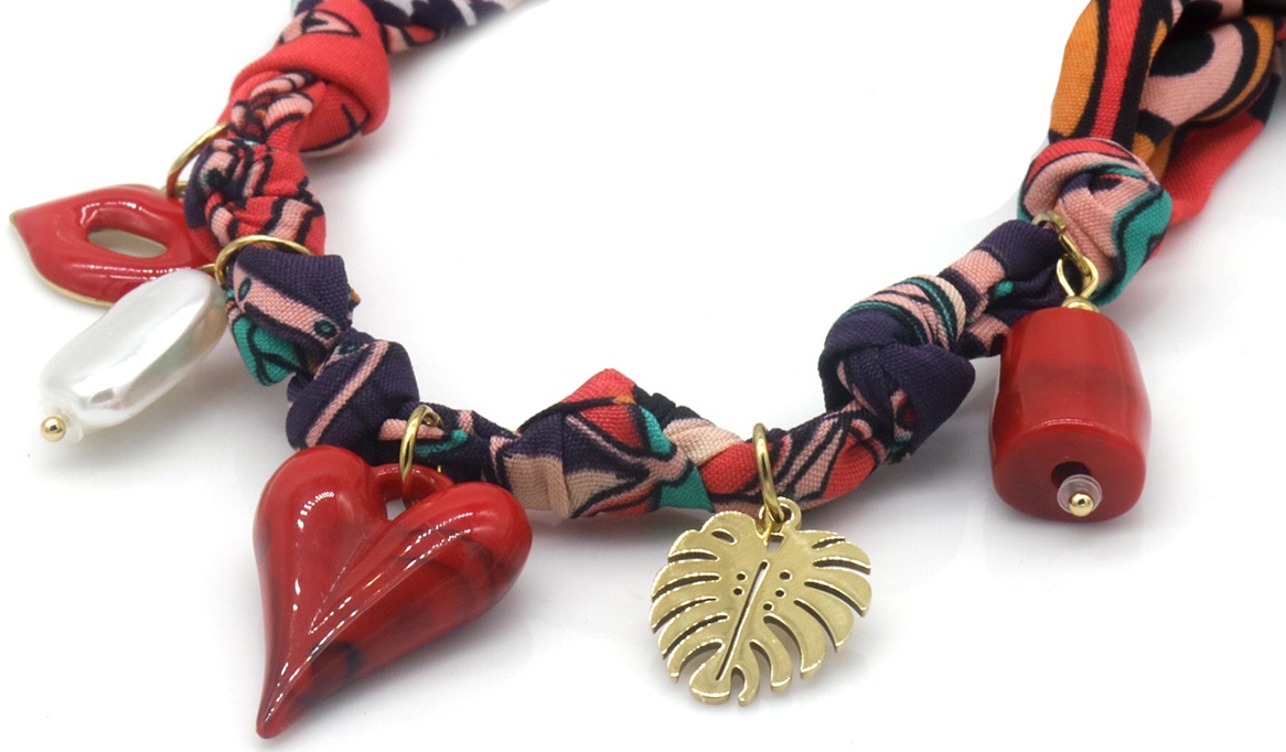 E-A10.2 N098-014 Fabric Necklace S. Steel Charms 40-45cm