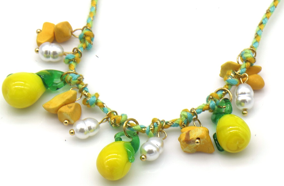 I-E7.2 N1036-011-2 Rope Necklace S. Steel Glass Fruit Charms