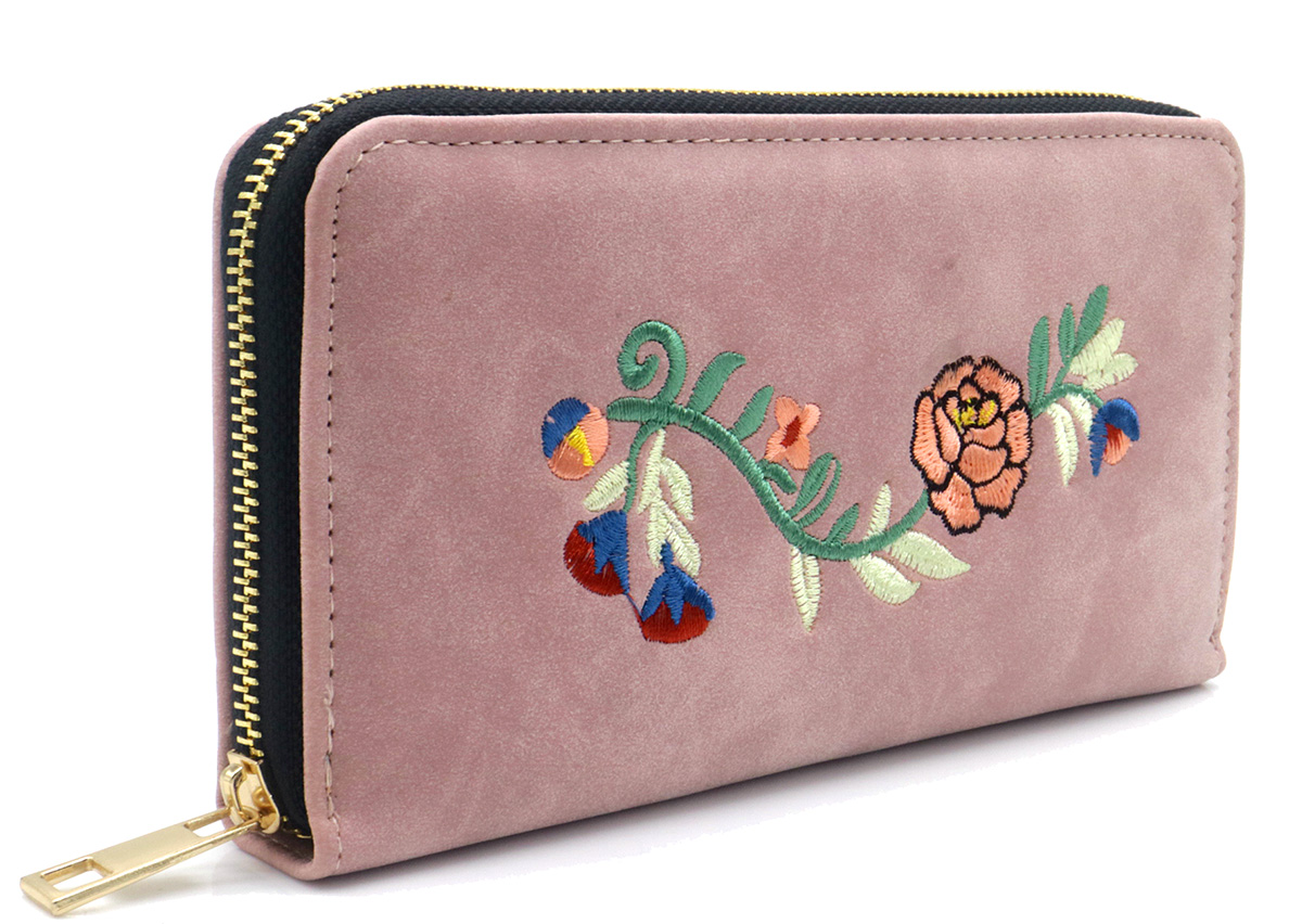 R-B3.1 WALLET1019-002-2 Pu Wallet Flower Embroidery 20x10x2.5cm Pink