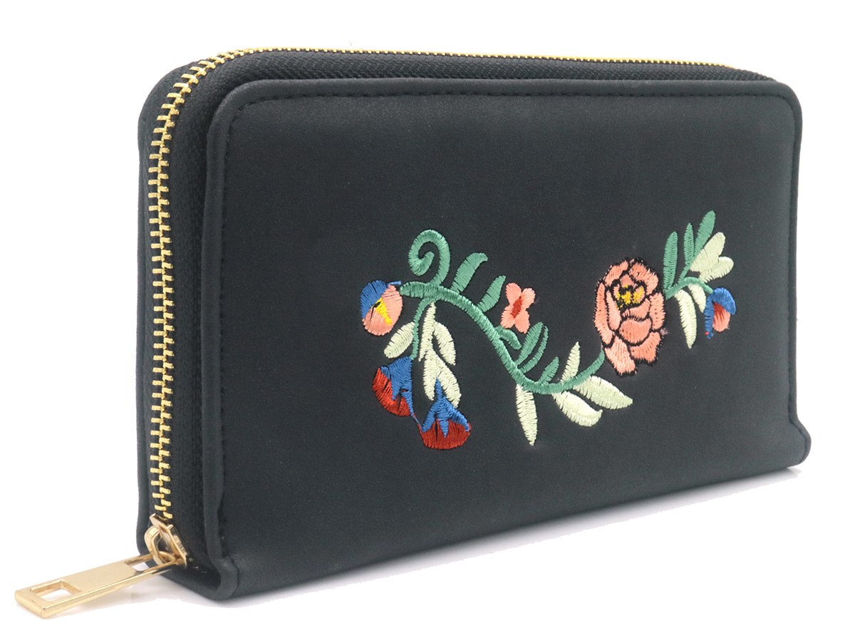 R-K4.2 WALLET1019-002-1 Pu Wallet Flower Embroidery 20x10x2.5cm Black