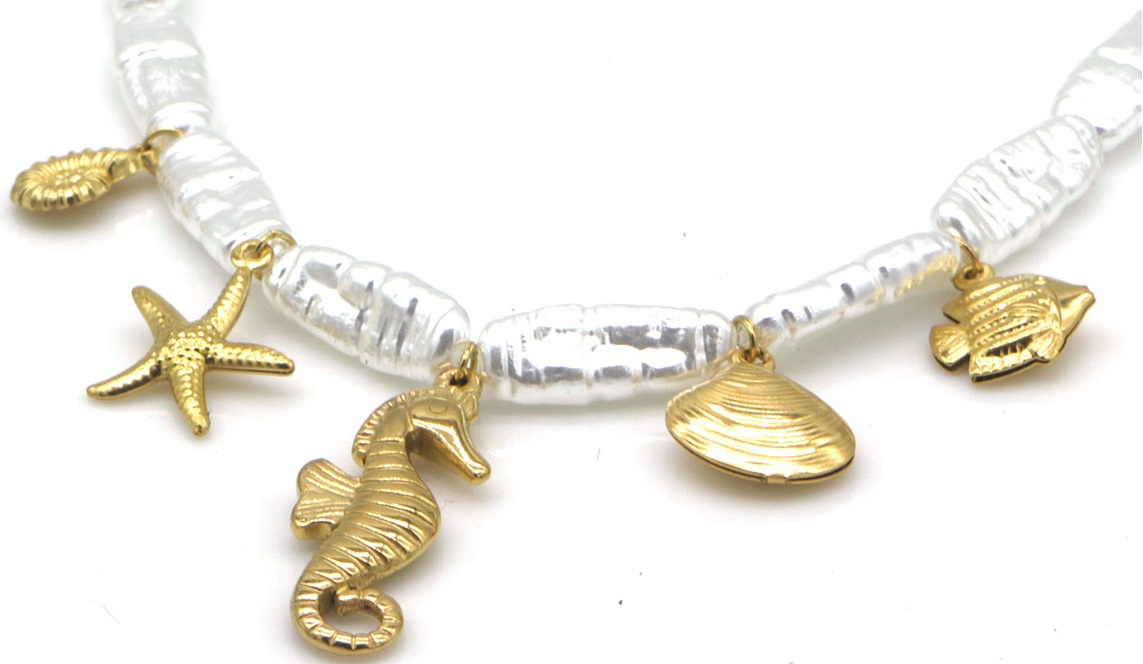 F-F2.3 N1036-003 Pearl Necklace S. Steel Charms Sealife 40-45cm