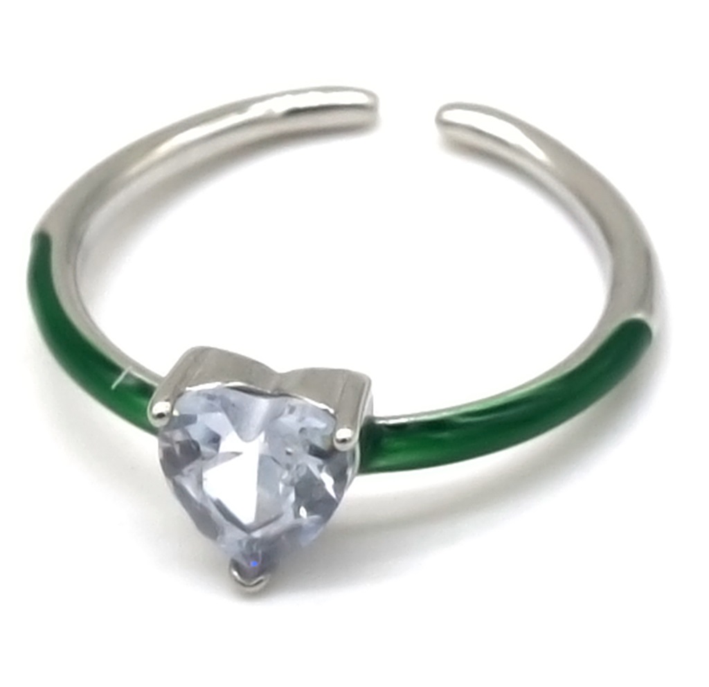H-C4.5 R221-241S S. Steel Ring CZ Heart Green Adjustable
