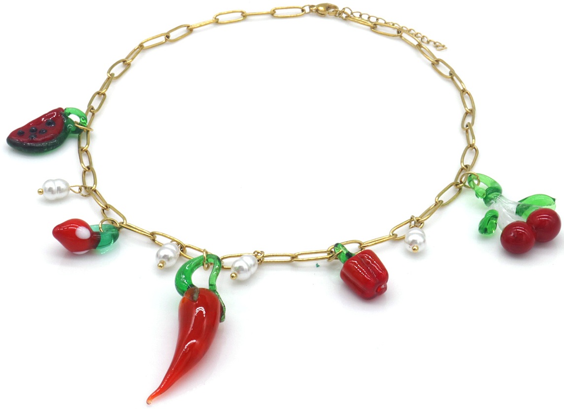 F-C15.3 N1036-012G S. Steel Necklace Glass Fruit Charms 40-45cm