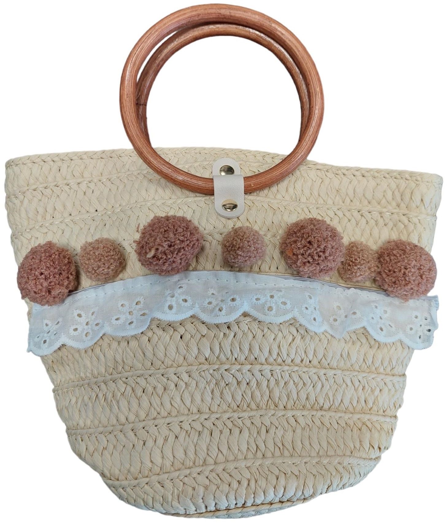 K-F3.2  BAG001A-006 Bag Woven with Pompons 28x20x10cm Beige