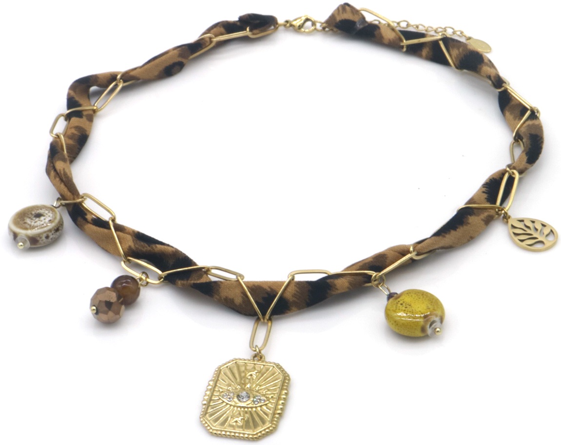 C-A22.3 N098-005 S. Steel Necklace Loopard Fabric with Charms