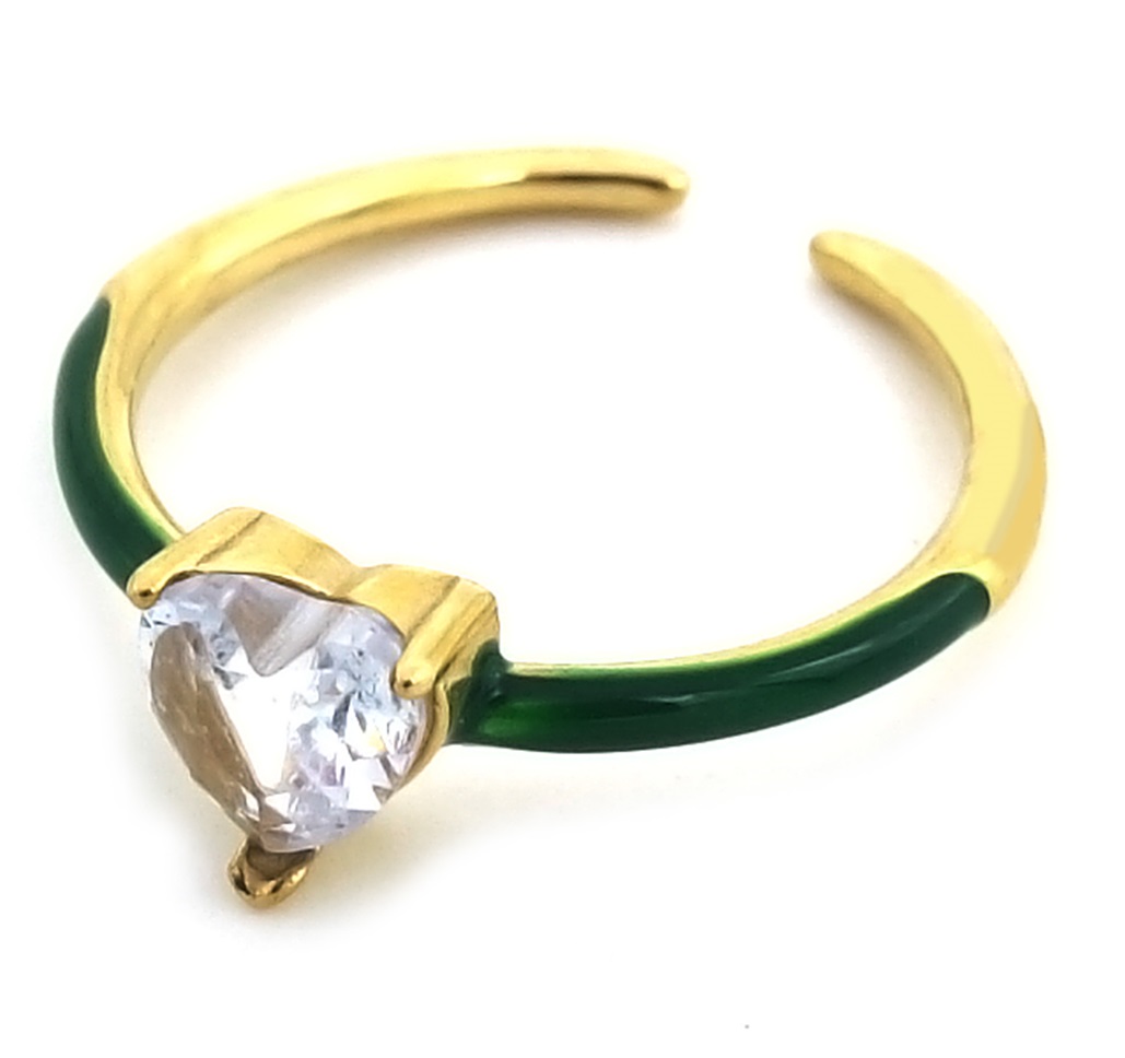 H-B21.3 R221-241G S. Steel Ring CZ Heart Green Adjustable