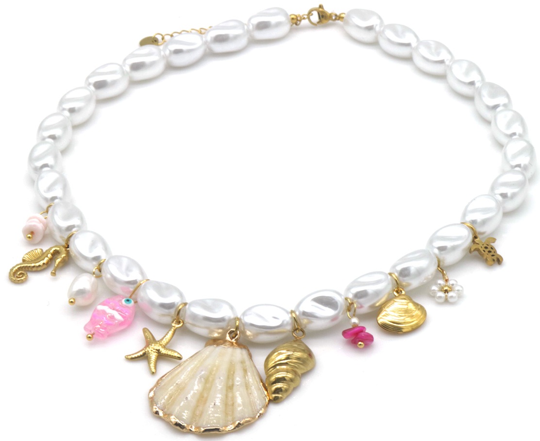 F-F21.1 N1036-001 Pearl Necklace S. Steel Charms Sealife 40-45cm
