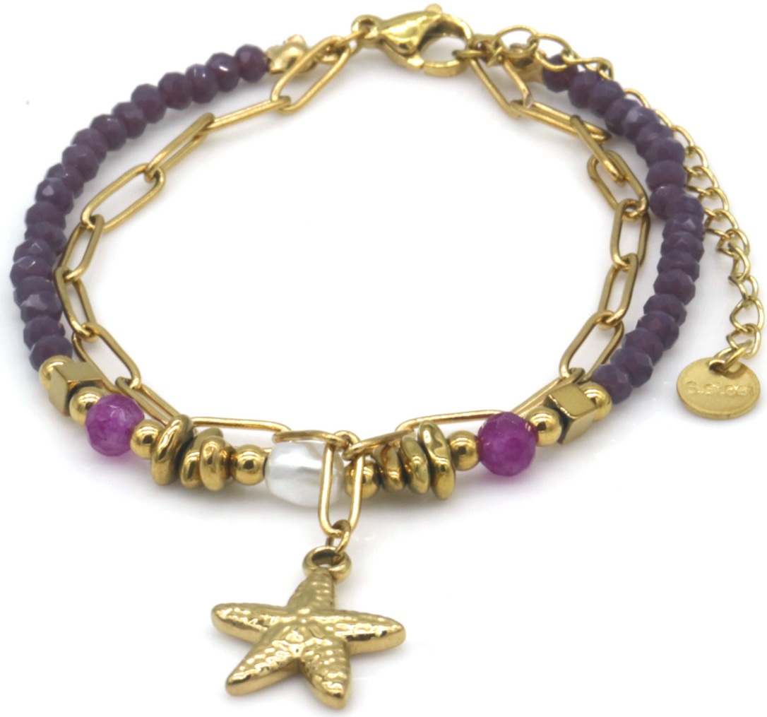 D-B17.2 B2539-033-6 S. Steel Bracelet Glassbeads Starfish Purple