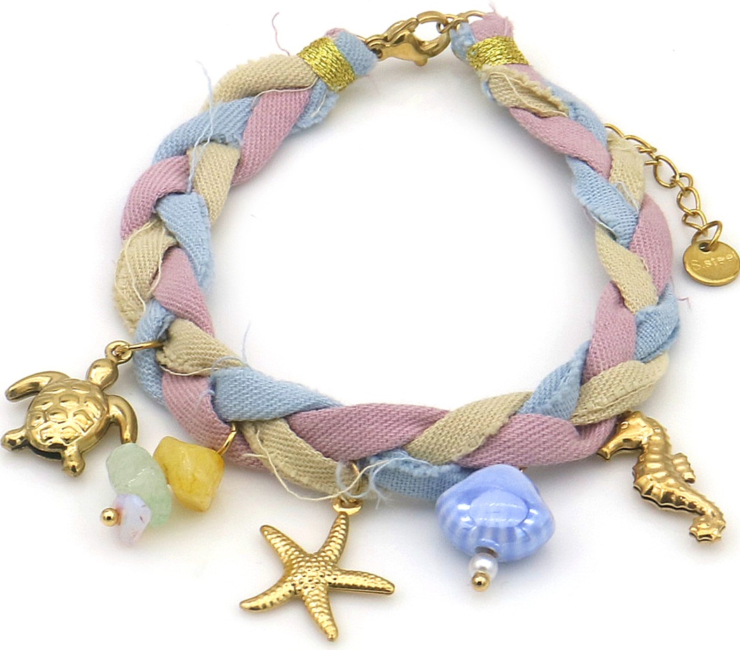 I-F20.2  B221-504-6  Rope Bracelet S. Steel Charms 16-21cm Multi