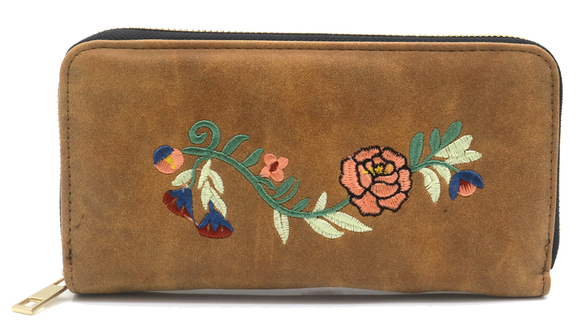 R-O4.2 WALLET1019-002-4 Pu Wallet Flower Embroidery 20x10x2.5cm Brown