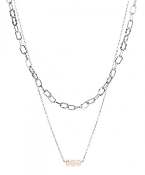 C-B22.1 N2020-007S S. Steel Necklace Layered Freshwater Pearl Silver