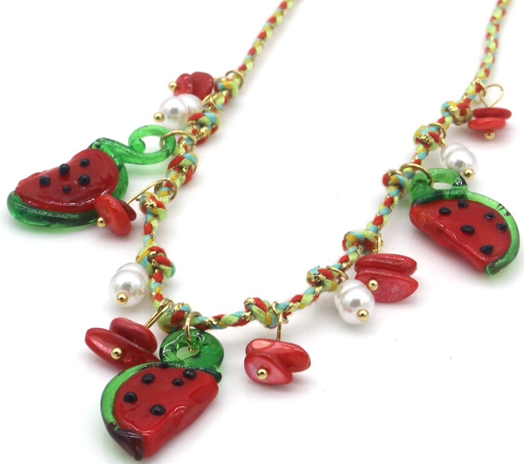 F-C2.2 N1036-011-1 Rope Necklace S. Steel Glass Fruit Charms