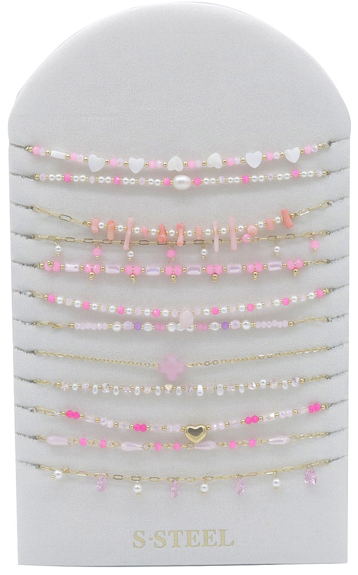 S-C2.1 N221-401-4 S. Steel Necklace Set on Display - 12pcs Pink