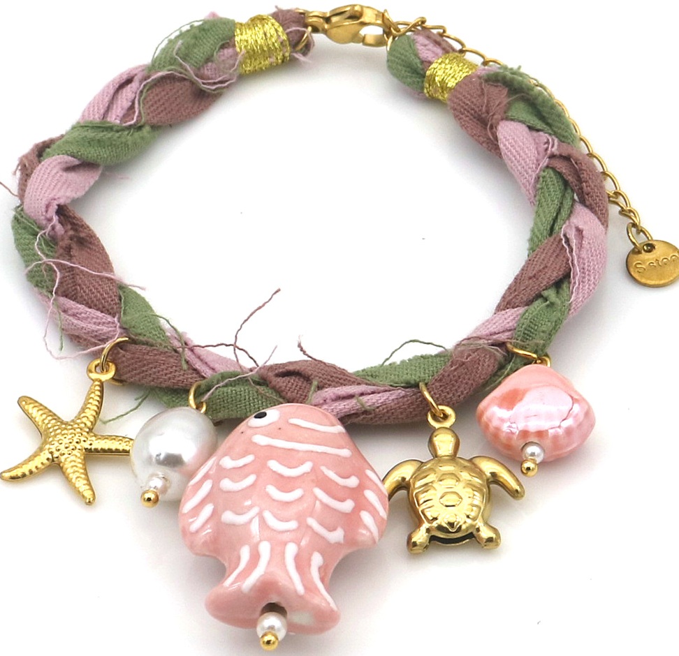 I-F20.1 B221-504-5 Rope Bracelet S. Steel Charms 16-21cm Pink-Green