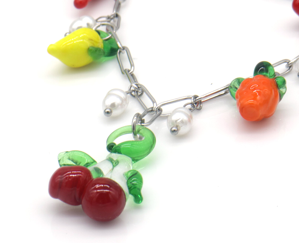 D-B17.5 N1036-013S S. Steel Necklace Glass Fruit Charms