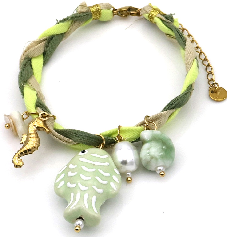 J-E4.1 B221-504-9 Rope Bracelet S. Steel Charms 16-21cm Green