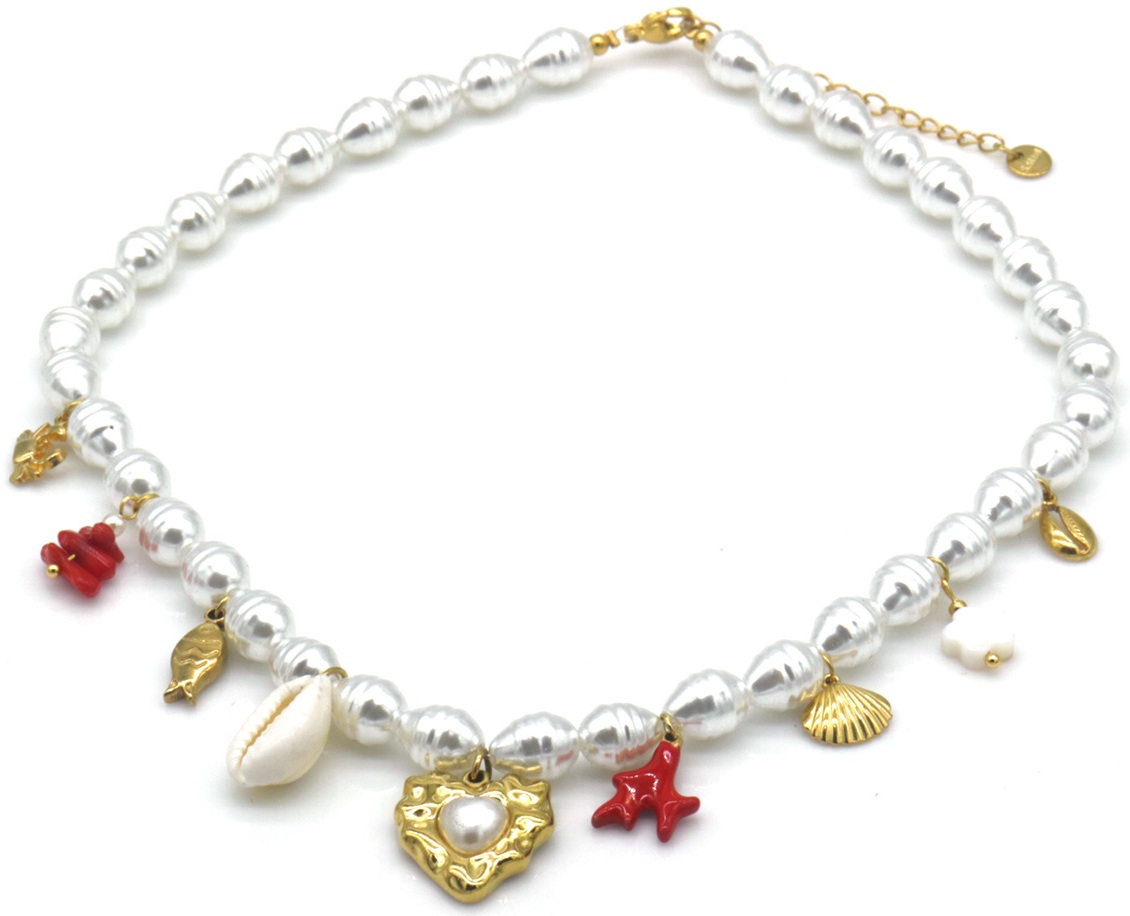 I-D23.1 N1036-004 Pearl Necklace S. Steel Charms Sealife 40-45cm