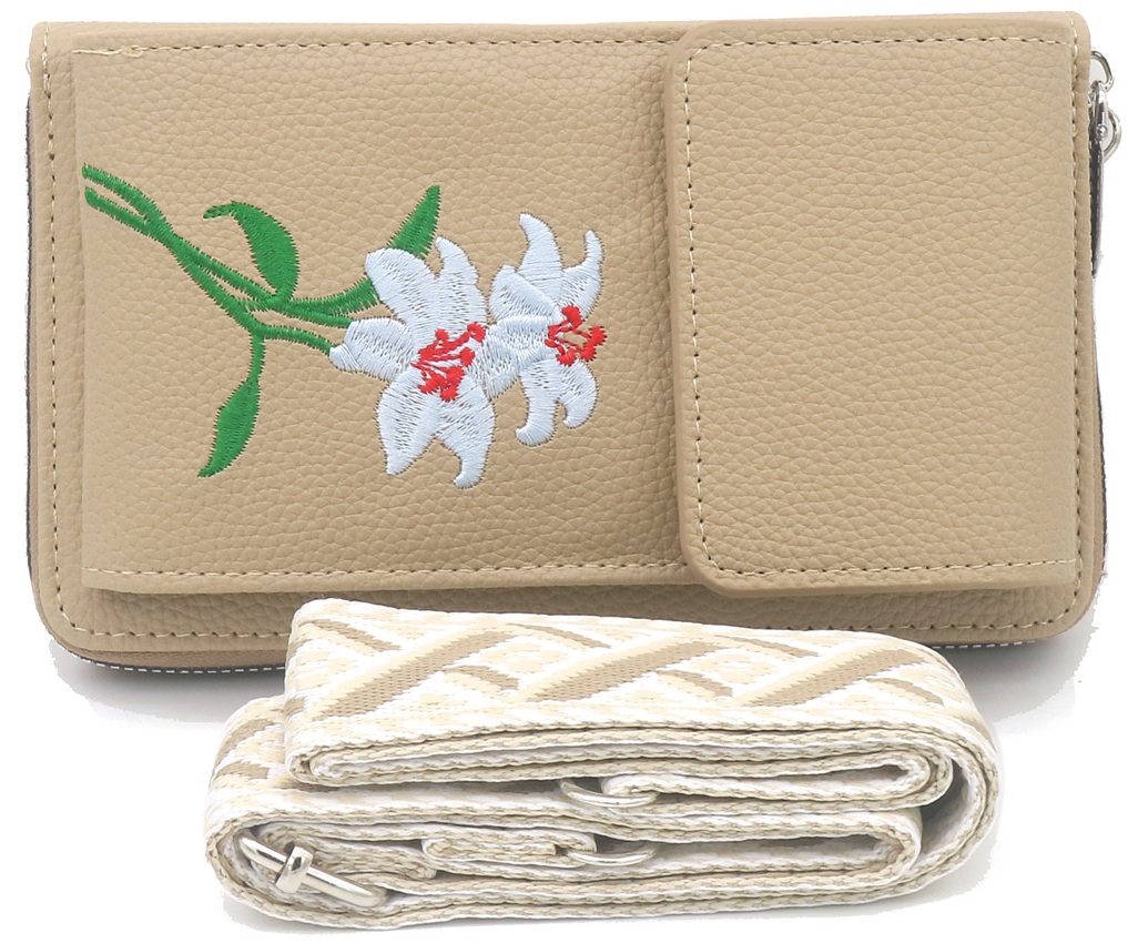 Q-D6.1  BAG1113-001-5 PU Bag Embroidered Flowers 18x10.5x5cm Brown