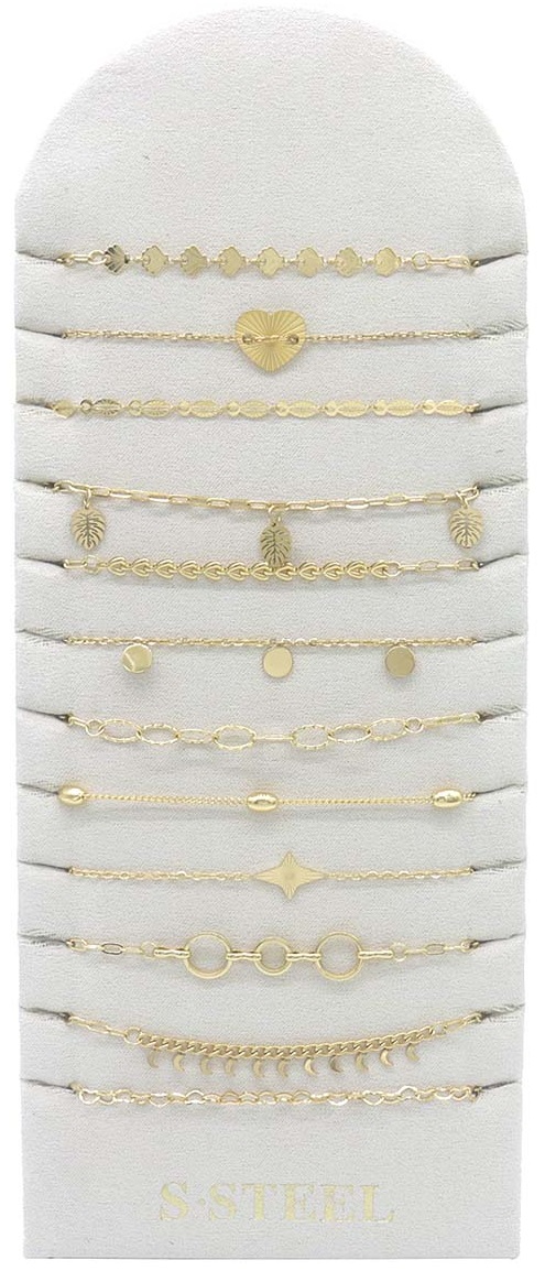 F-E8.2 B221-484 S. Steel Bracelet Set on Display - 12pcs - Gold