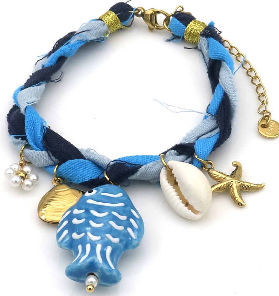 I-D20.1 B221-504-3  Rope Bracelet S. Steel Charms 16-21cm Blue