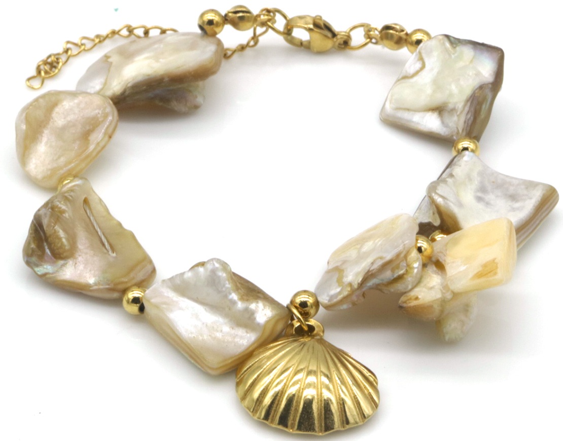F-E15.1 B074-084G-2 S. Steel Statement Bracelet Shells 16-21cm