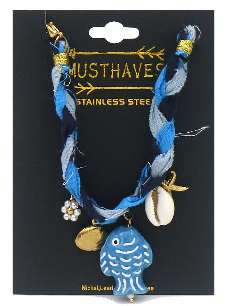 I-D20.1 B221-504-3  Rope Bracelet S. Steel Charms 16-21cm Blue