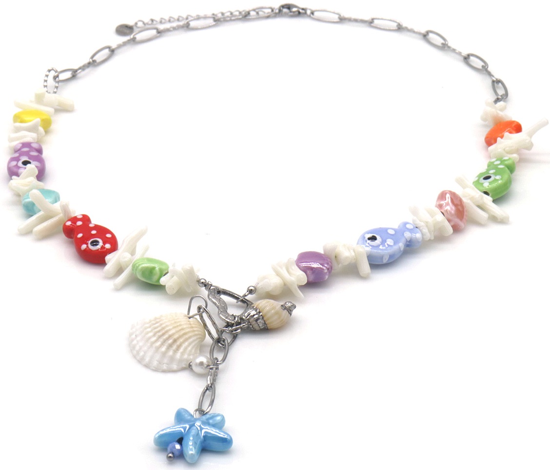 F-E12.1  N1036-014S S. Steel Necklace Shells - Fish 40-45cm