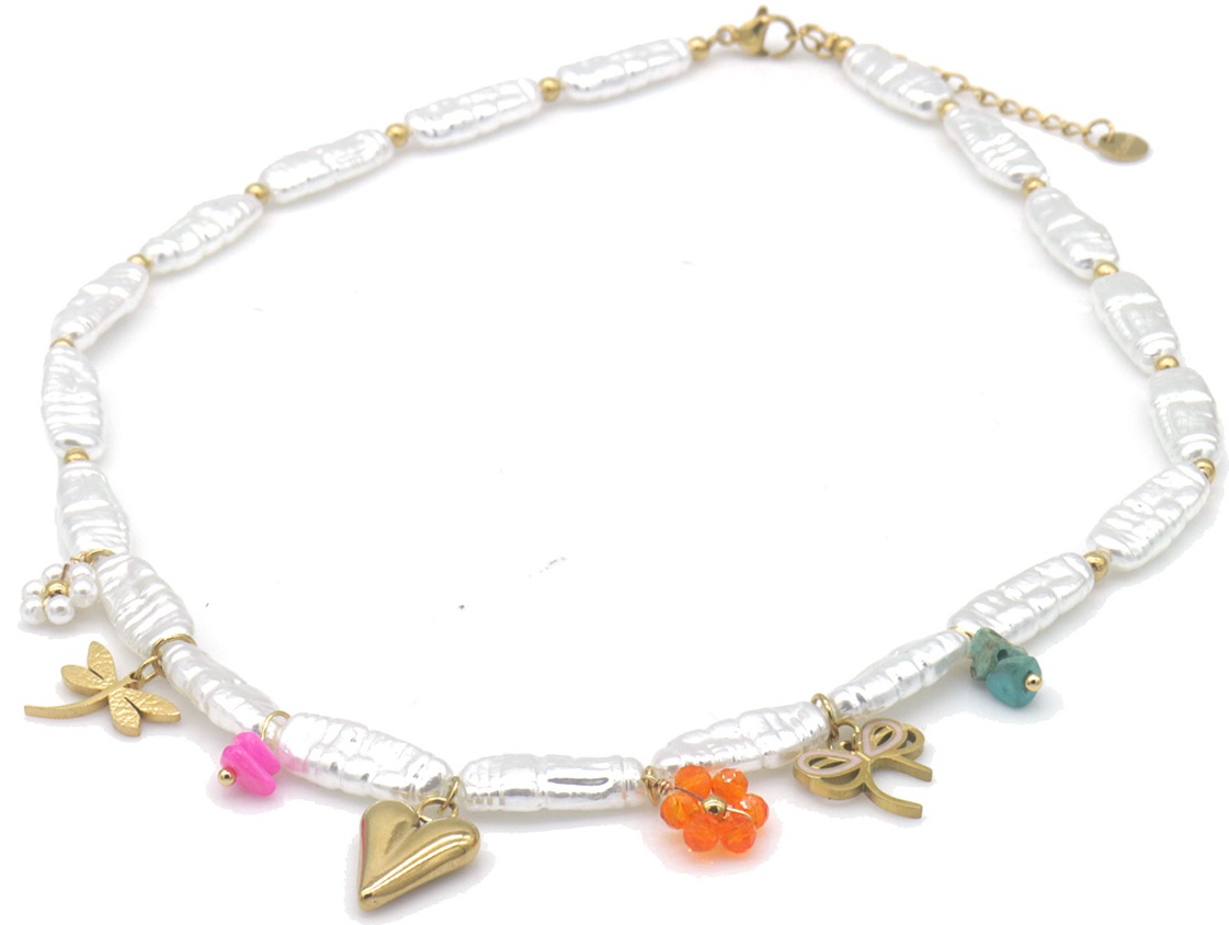 C-B22.2 N1036-008 S. Steel Necklace Pearls Charms 40-45cm