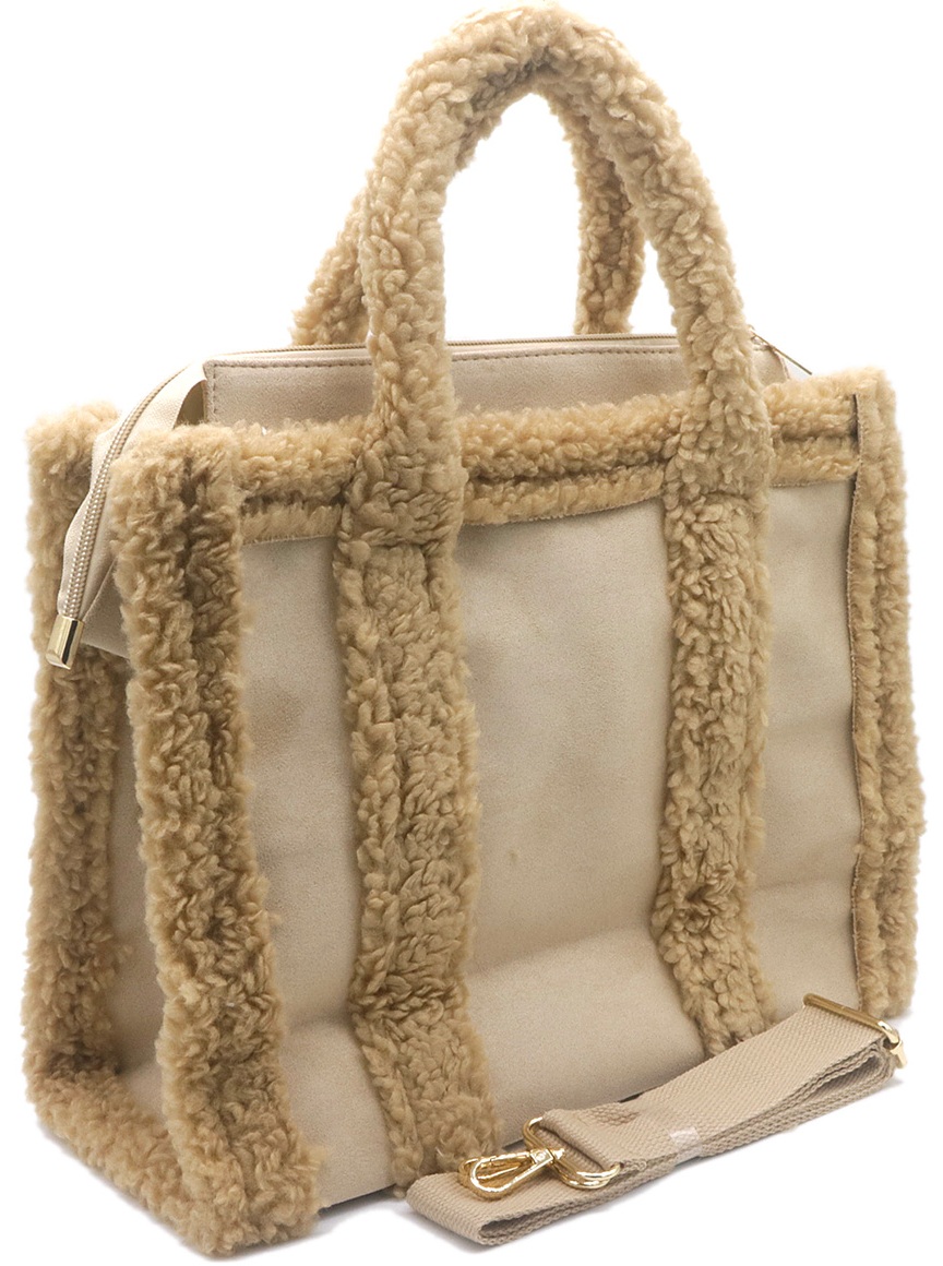 Y-D3.4  BAG1021-001-4 PU Faux Fur Shopper Bag 33x24.5x16cm Brown