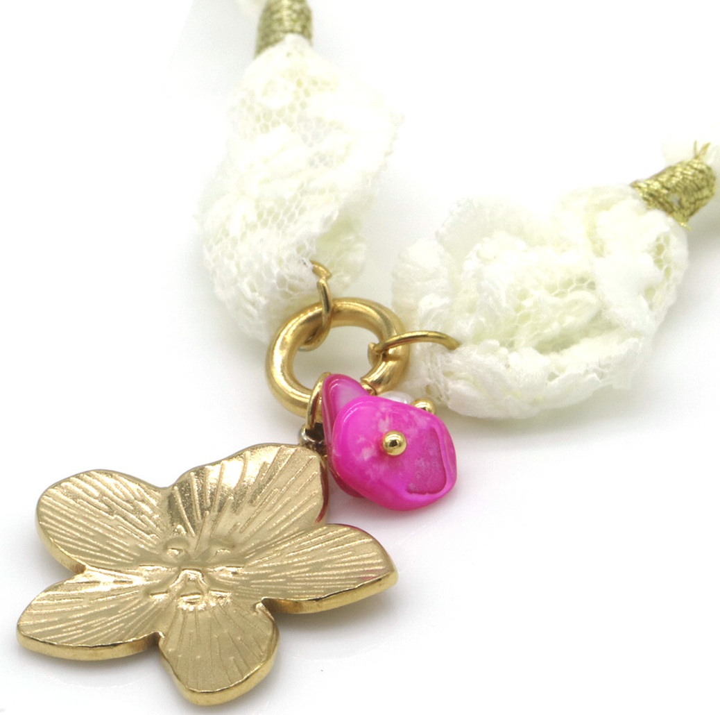 I-F22.2 N2524-008 S. Steel Fabric Necklace Flower 50-55cm