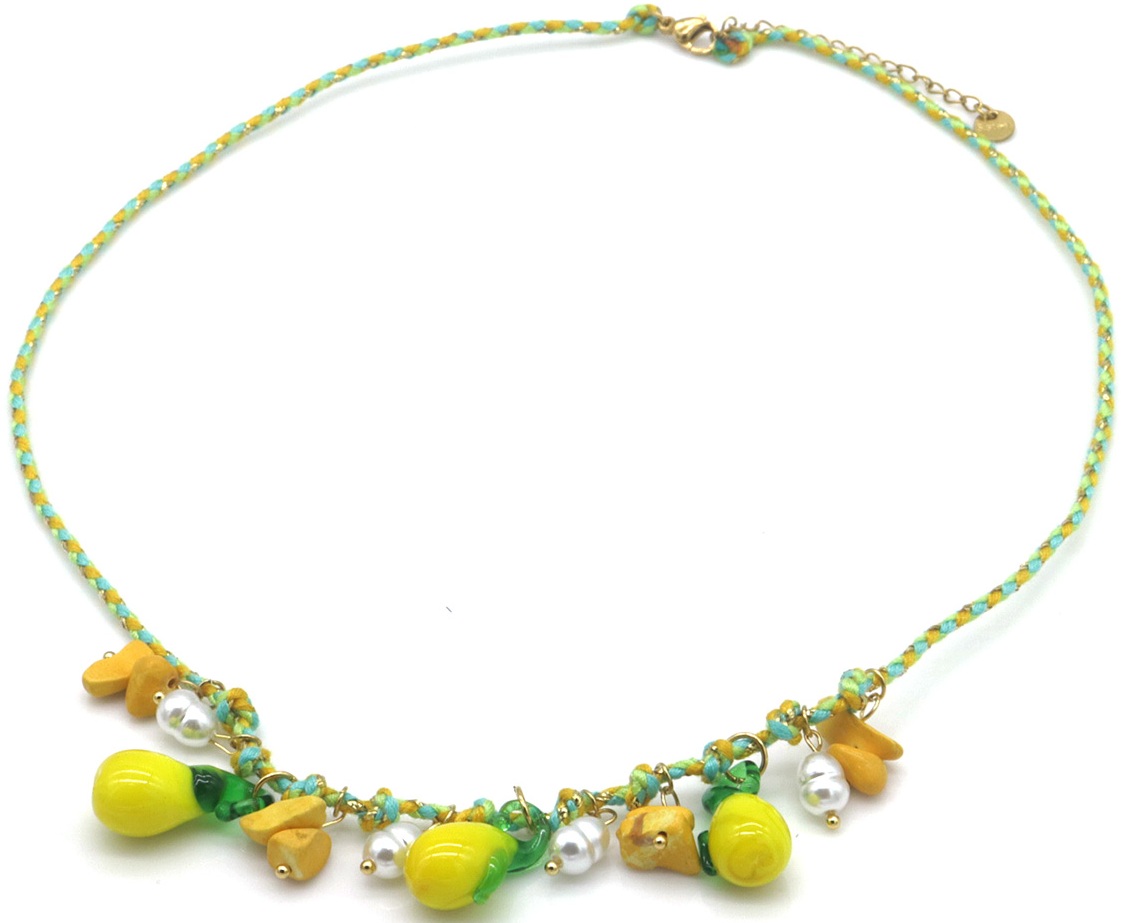 I-E7.2 N1036-011-2 Rope Necklace S. Steel Glass Fruit Charms